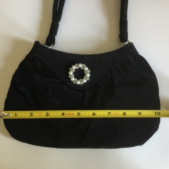 Black Velvet Mini Bag With Silver Pearl & Rhinestone Embellishment - Picture 3 of 5